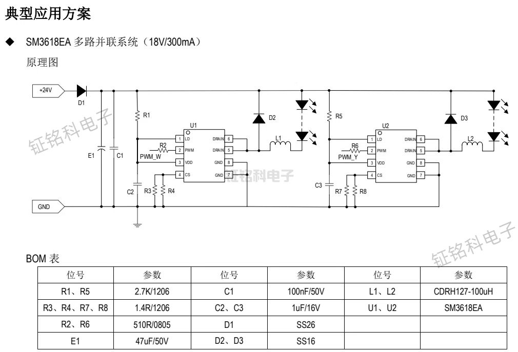 LED電源驅(qū)動芯片DCDC恒流恒壓SM3618CA/CB/CC 輸出電流 60mA~3A(圖1) SM3618EA 多路并聯(lián)系統(tǒng).jpg